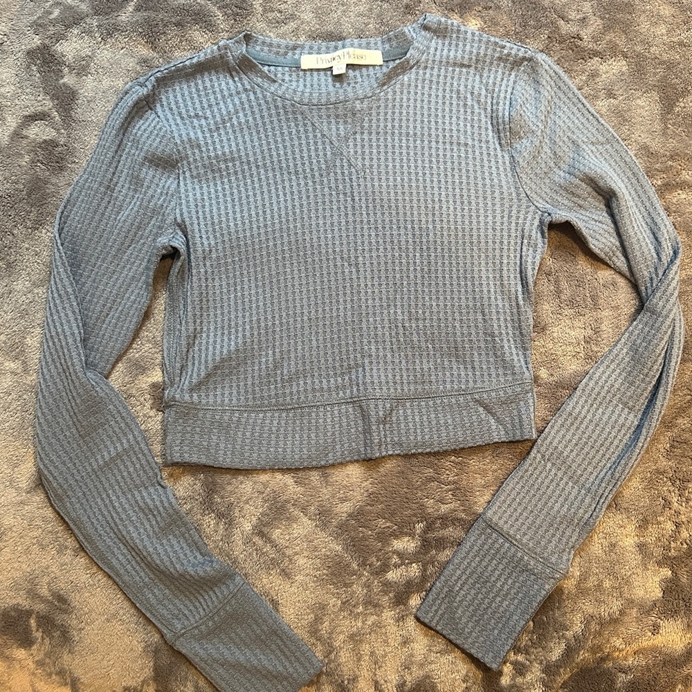 Long Sleeve Crop Top XS Blue Thermal Waffle Layer Lounge Comfy Cute NWOT Spring